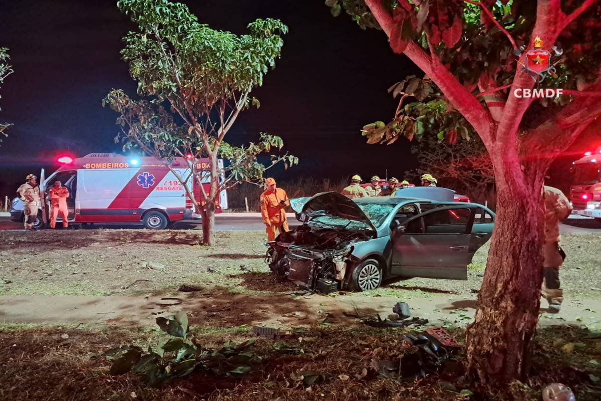 DF: carro colide em árvore e uma vítima morre no local